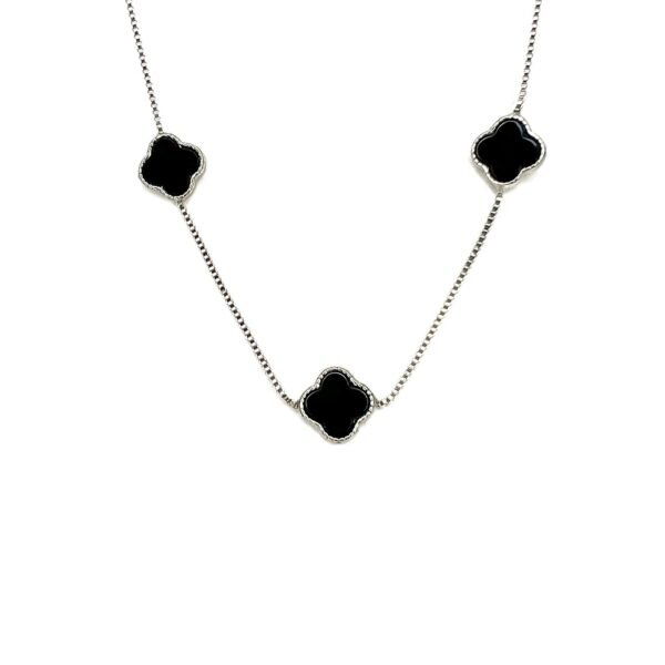 Colar 3 Trevos Preto Banho Platina
