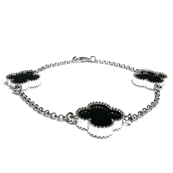 Pulseira Trevo Intercalada Preta Banho Ródio