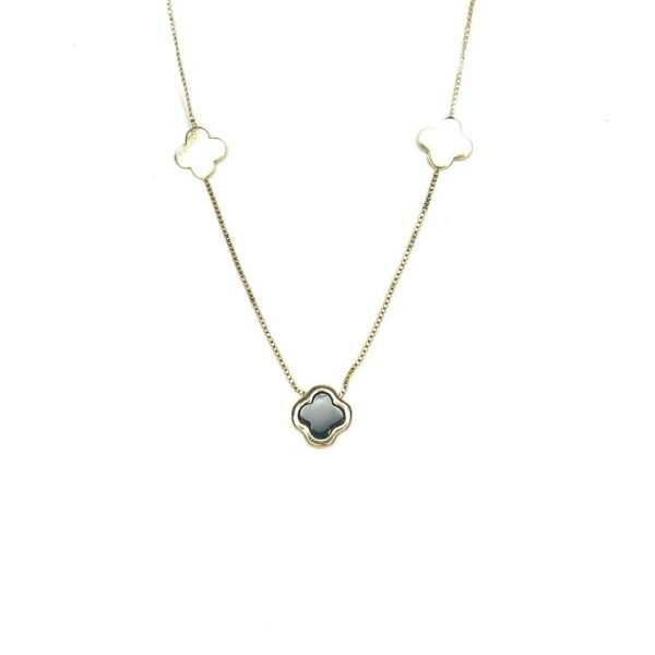 Colar 3 Trevos Preto e Metal Banho Ouro 18k